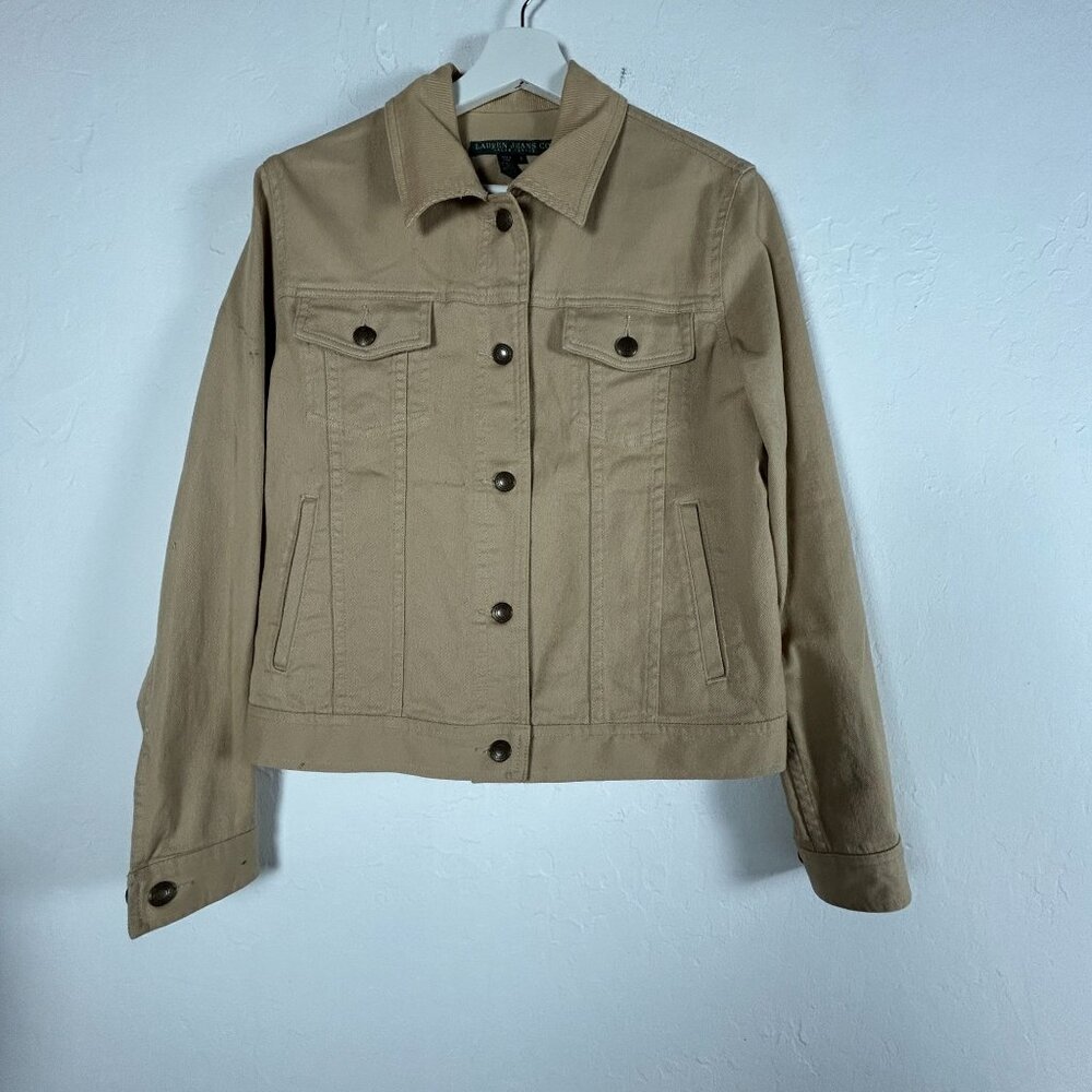 Lauren Jeans Co. Ralph Lauren Womens Tan Denim Crop Jacket Small Pockets Casual